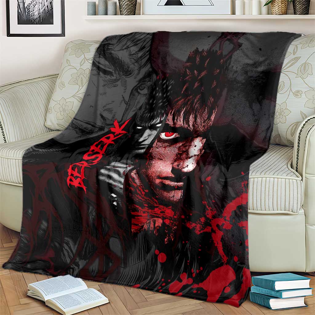Guts Berserk Dark Theme Blanket with Blood Splatter and Intense Warrior Expression Design - The Mazicc