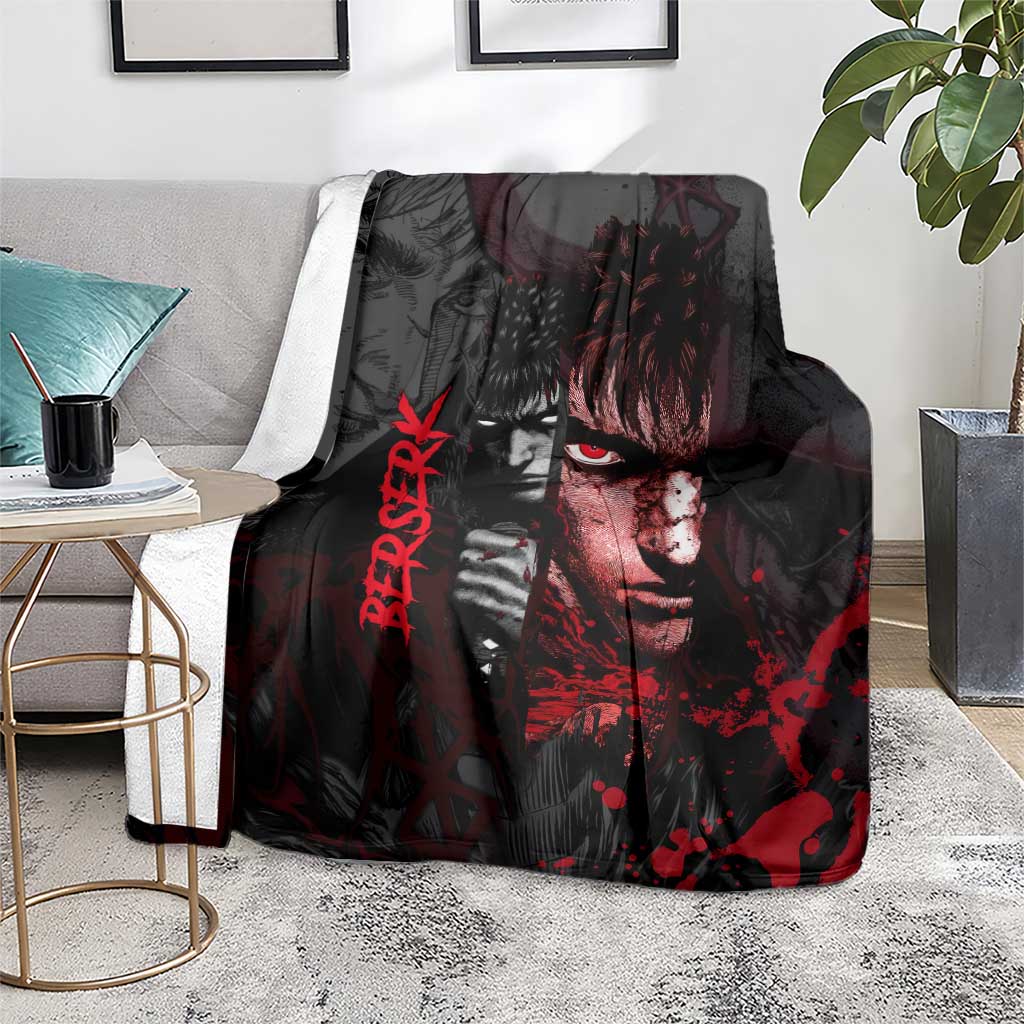 Guts Berserk Dark Theme Blanket with Blood Splatter and Intense Warrior Expression Design - The Mazicc