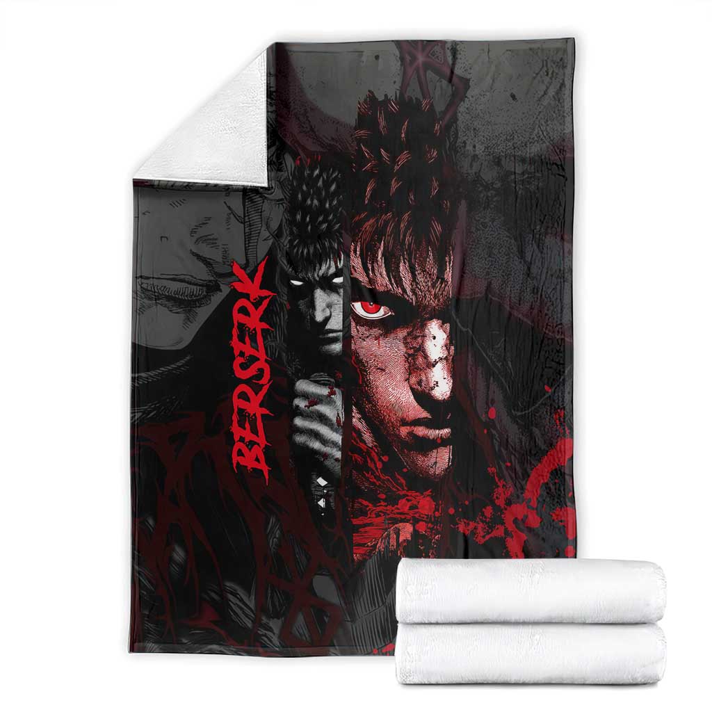 Guts Berserk Dark Theme Blanket with Blood Splatter and Intense Warrior Expression Design - The Mazicc