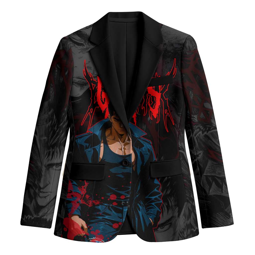 Guts Berserk Dark Theme Blazer with Blood Splatter and Intense Warrior Expression Design - The Mazicc