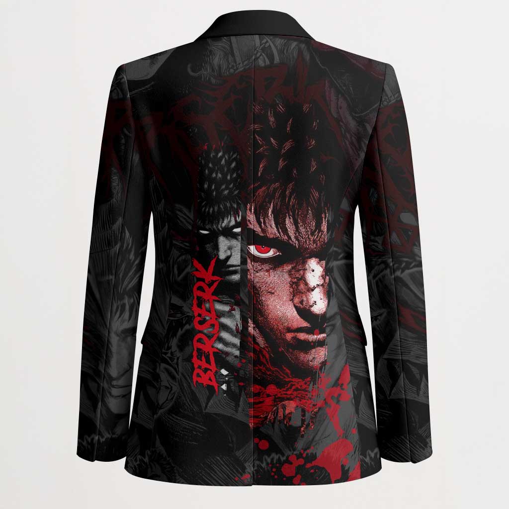 Guts Berserk Dark Theme Blazer with Blood Splatter and Intense Warrior Expression Design - The Mazicc