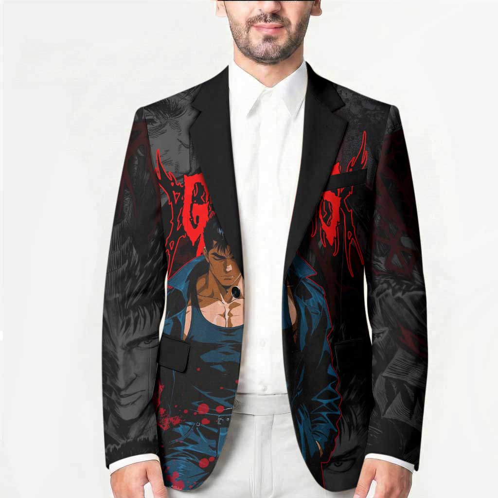 Guts Berserk Dark Theme Blazer with Blood Splatter and Intense Warrior Expression Design - The Mazicc