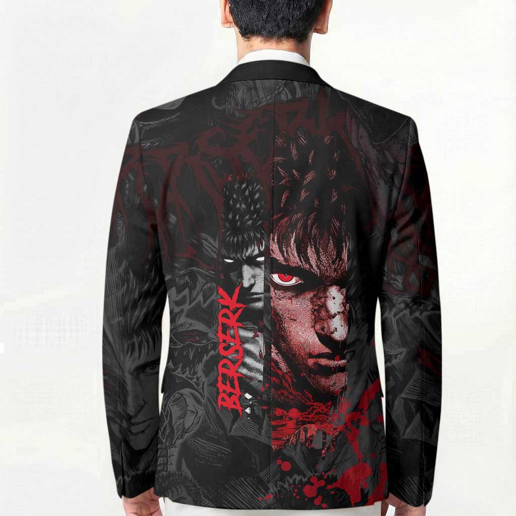 Guts Berserk Dark Theme Blazer with Blood Splatter and Intense Warrior Expression Design - The Mazicc