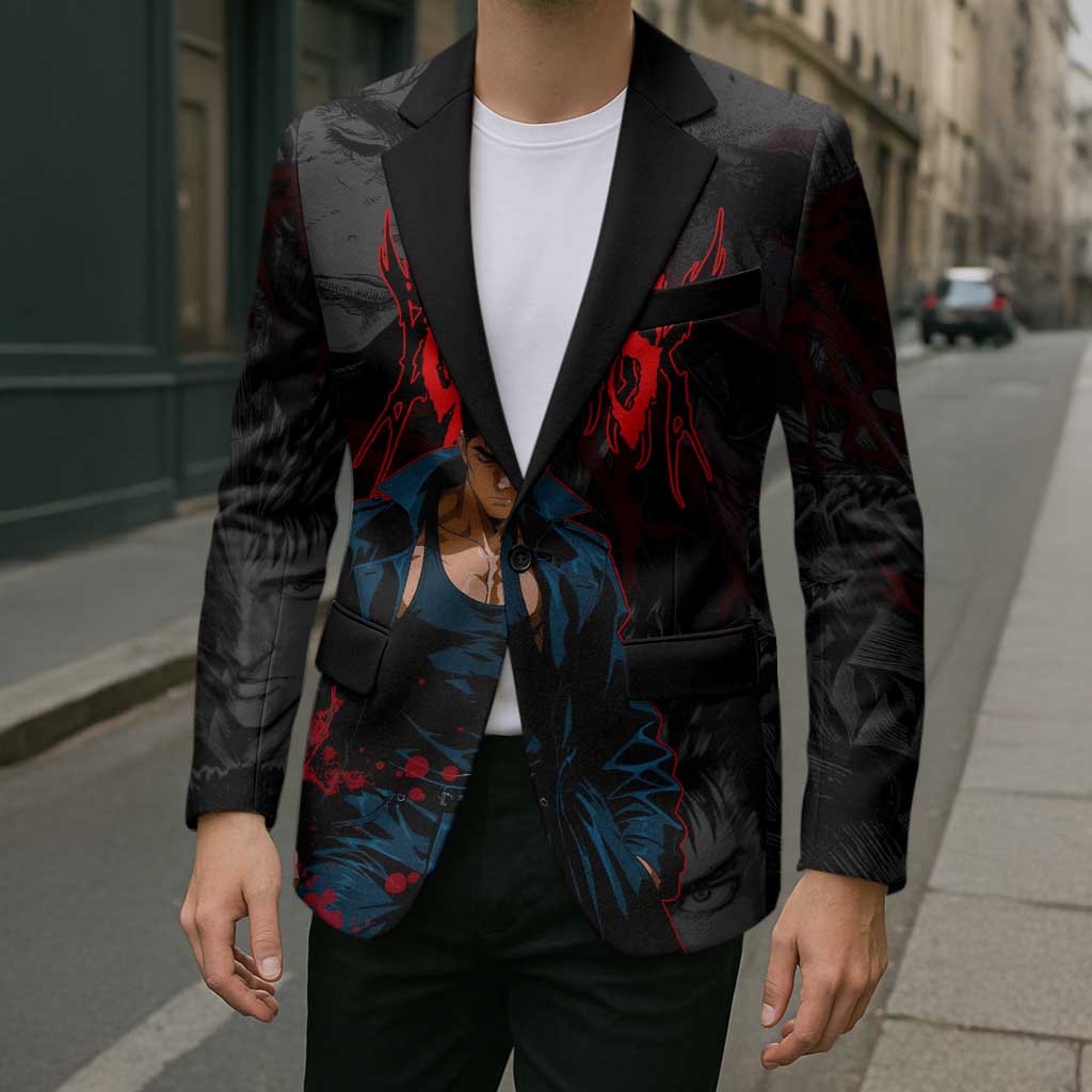 Guts Berserk Dark Theme Blazer with Blood Splatter and Intense Warrior Expression Design - The Mazicc