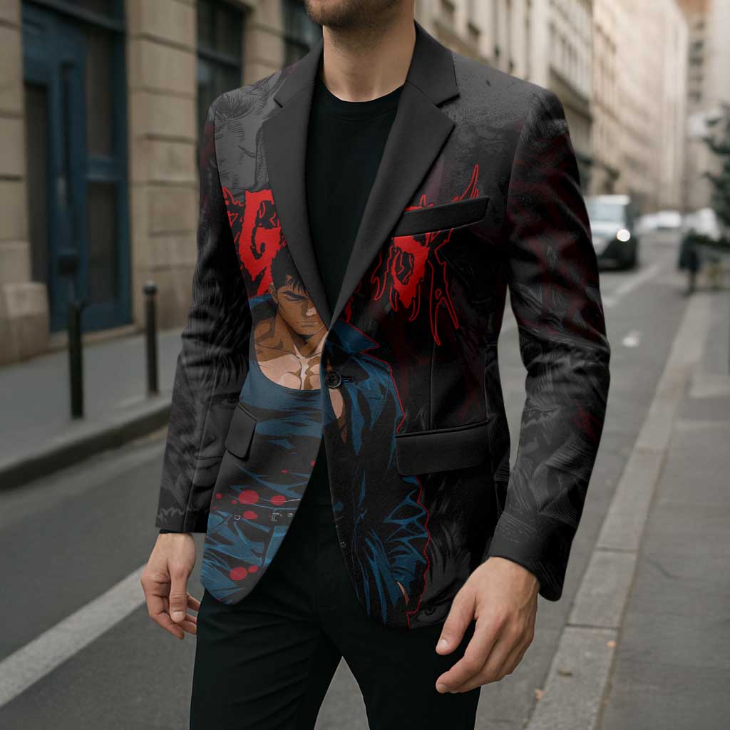 Guts Berserk Dark Theme Blazer with Blood Splatter and Intense Warrior Expression Design - The Mazicc