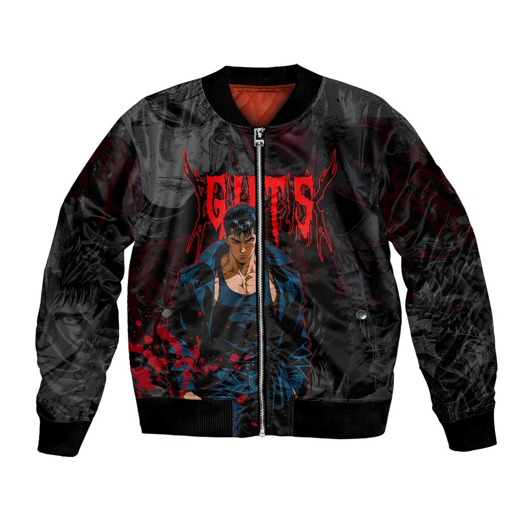 Guts Berserk Dark Theme Bomber Jacket with Blood Splatter and Intense Warrior Expression Design - The Mazicc