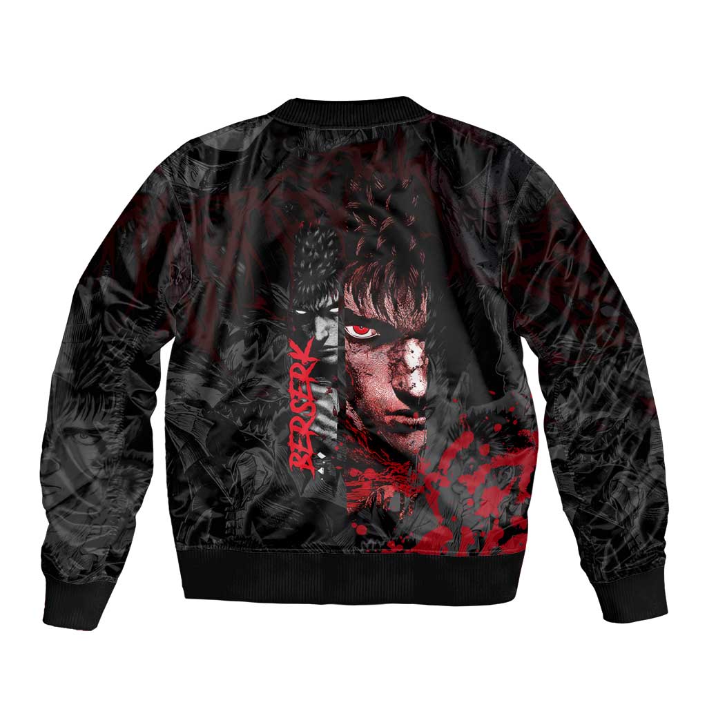 Guts Berserk Dark Theme Bomber Jacket with Blood Splatter and Intense Warrior Expression Design - The Mazicc