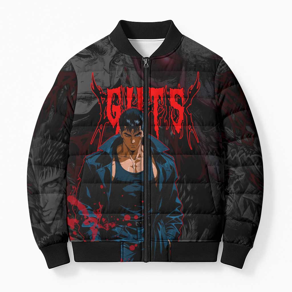 Guts Berserk Dark Theme Bomber Puffer Jacket with Blood Splatter and Intense Warrior Expression Design - The Mazicc