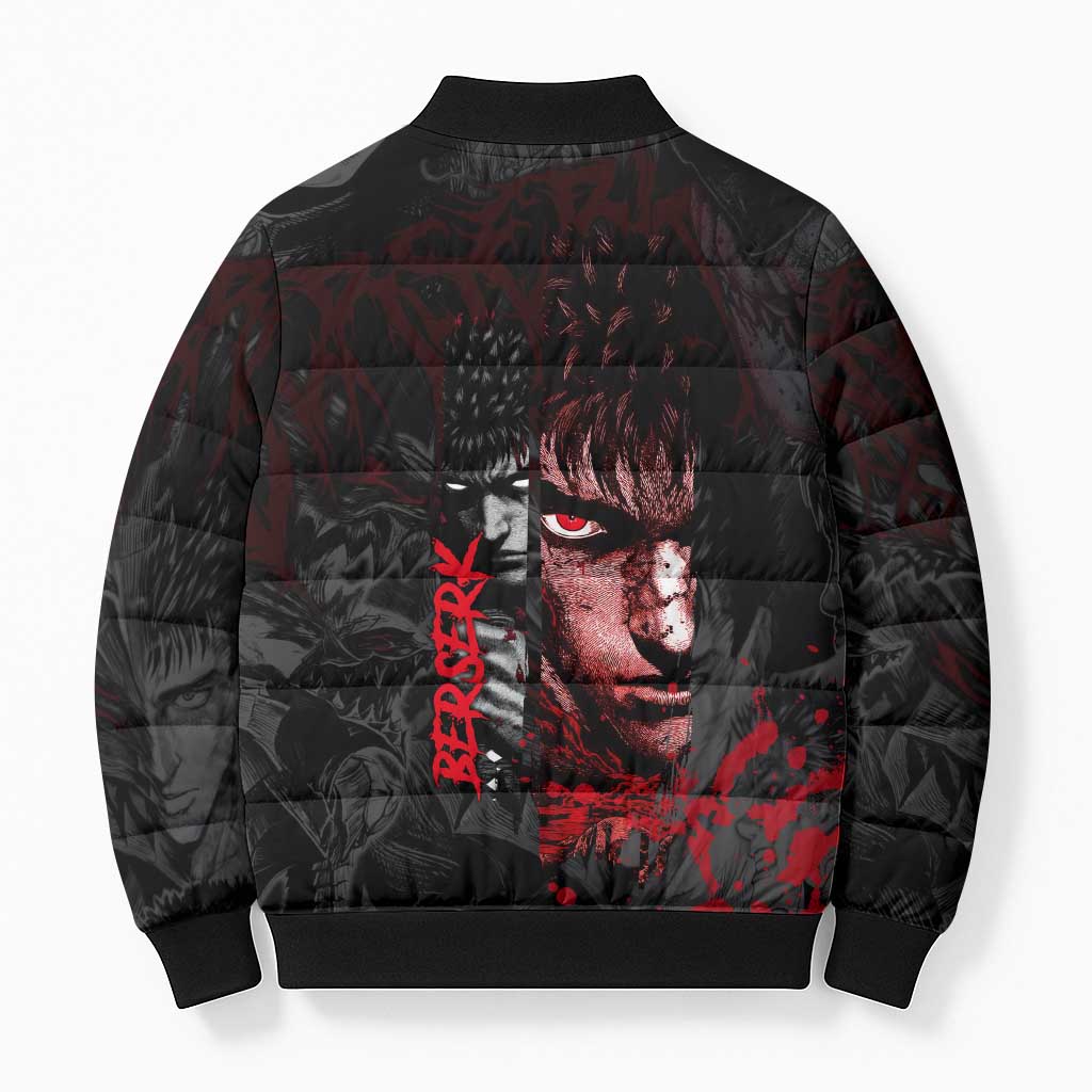 Guts Berserk Dark Theme Bomber Puffer Jacket with Blood Splatter and Intense Warrior Expression Design - The Mazicc