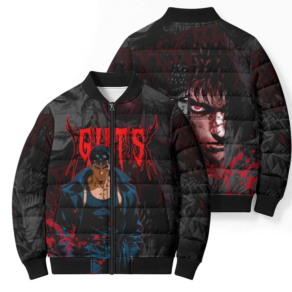 Guts Berserk Dark Theme Bomber Puffer Jacket with Blood Splatter and Intense Warrior Expression Design - The Mazicc