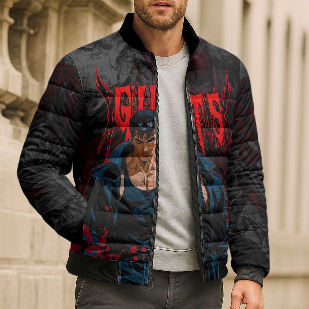 Guts Berserk Dark Theme Bomber Puffer Jacket with Blood Splatter and Intense Warrior Expression Design - The Mazicc
