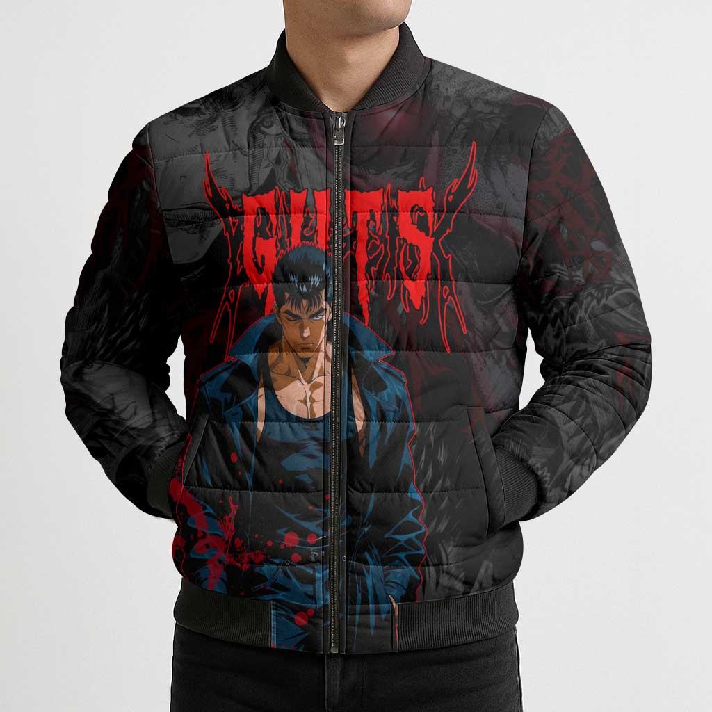 Guts Berserk Dark Theme Bomber Puffer Jacket with Blood Splatter and Intense Warrior Expression Design - The Mazicc
