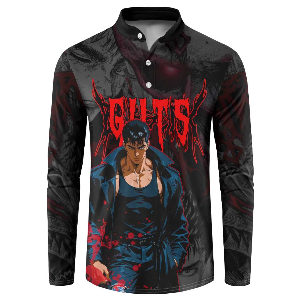 Guts Berserk Dark Theme Button Sweatshirt with Blood Splatter and Intense Warrior Expression Design - The Mazicc