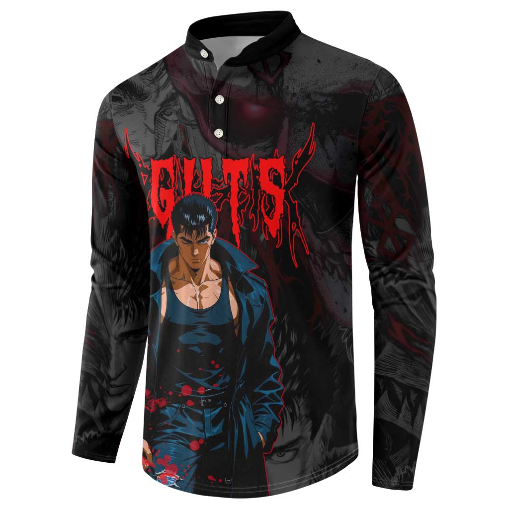 Guts Berserk Dark Theme Button Sweatshirt with Blood Splatter and Intense Warrior Expression Design - The Mazicc