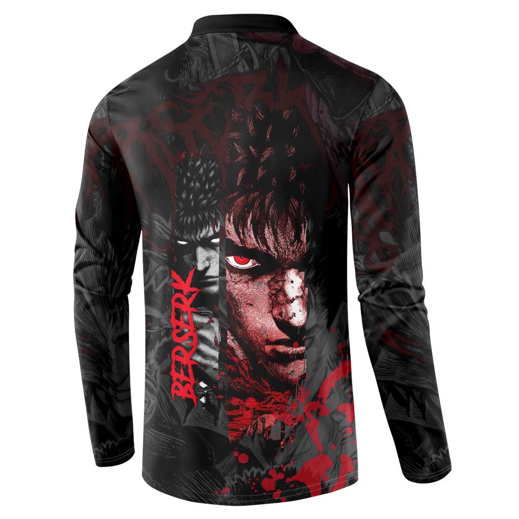 Guts Berserk Dark Theme Button Sweatshirt with Blood Splatter and Intense Warrior Expression Design - The Mazicc
