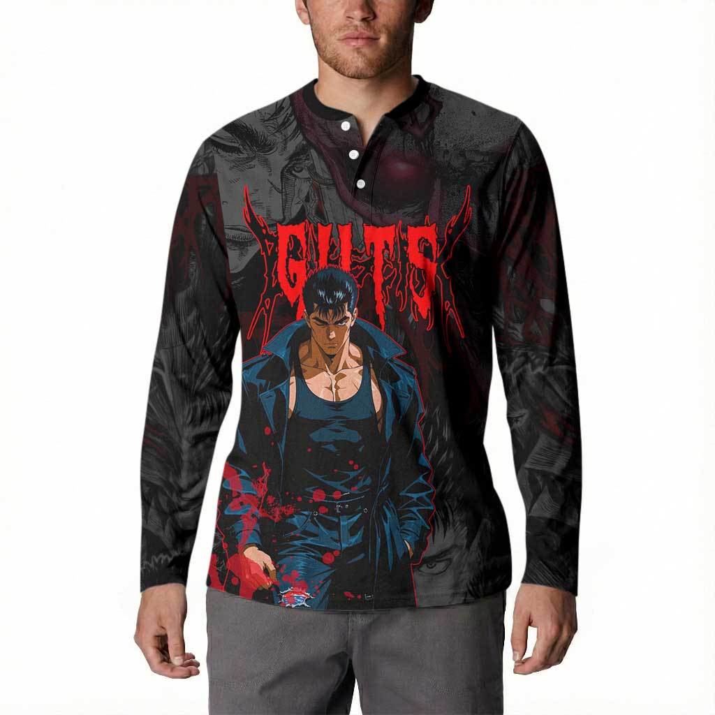 Guts Berserk Dark Theme Button Sweatshirt with Blood Splatter and Intense Warrior Expression Design - The Mazicc