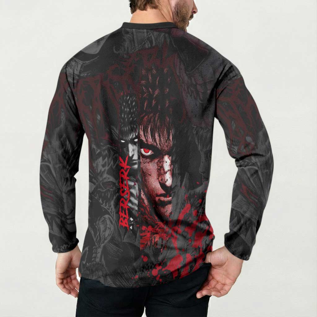 Guts Berserk Dark Theme Button Sweatshirt with Blood Splatter and Intense Warrior Expression Design - The Mazicc