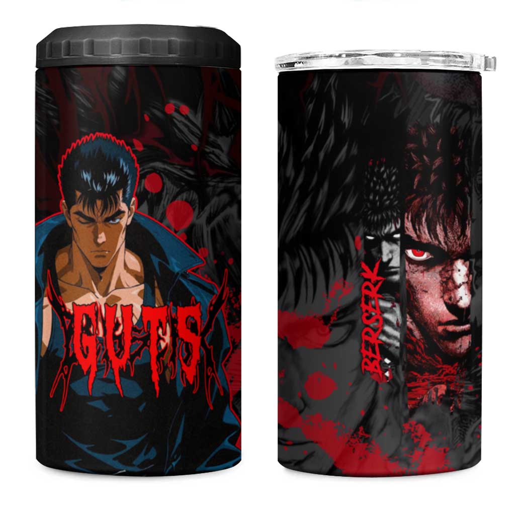 Guts Berserk Dark Theme 4 in 1 Can Cooler Tumbler with Blood Splatter and Intense Warrior Expression Design - The Mazicc