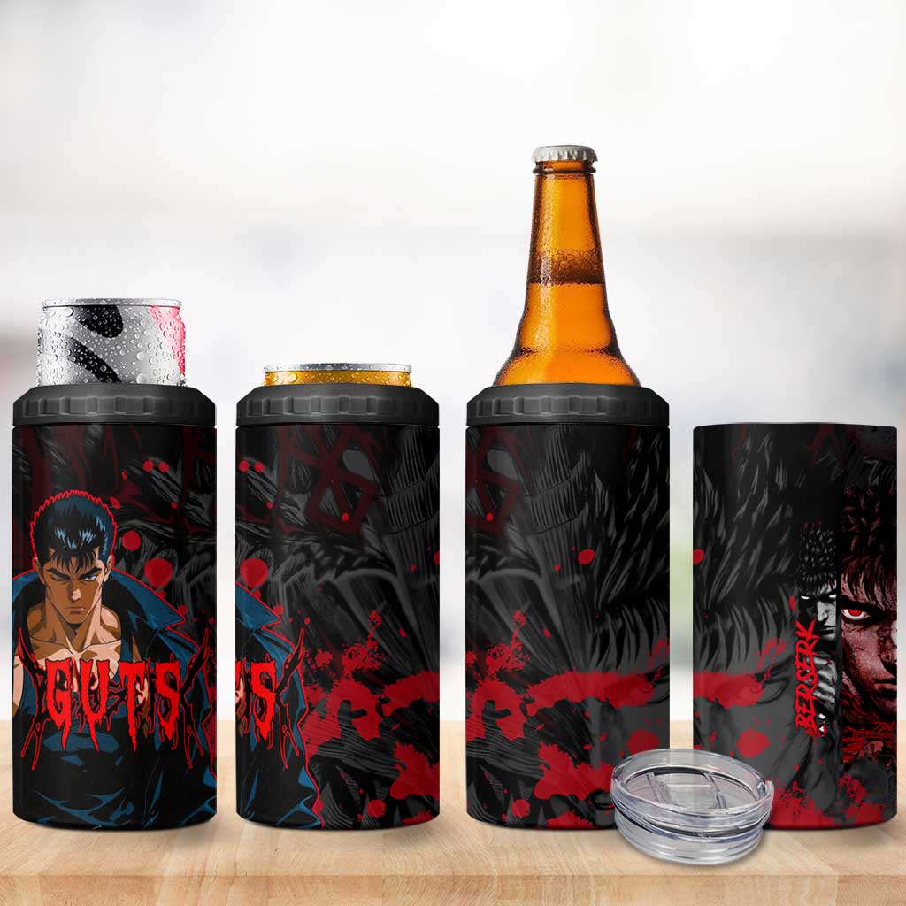 Guts Berserk Dark Theme 4 in 1 Can Cooler Tumbler with Blood Splatter and Intense Warrior Expression Design - The Mazicc