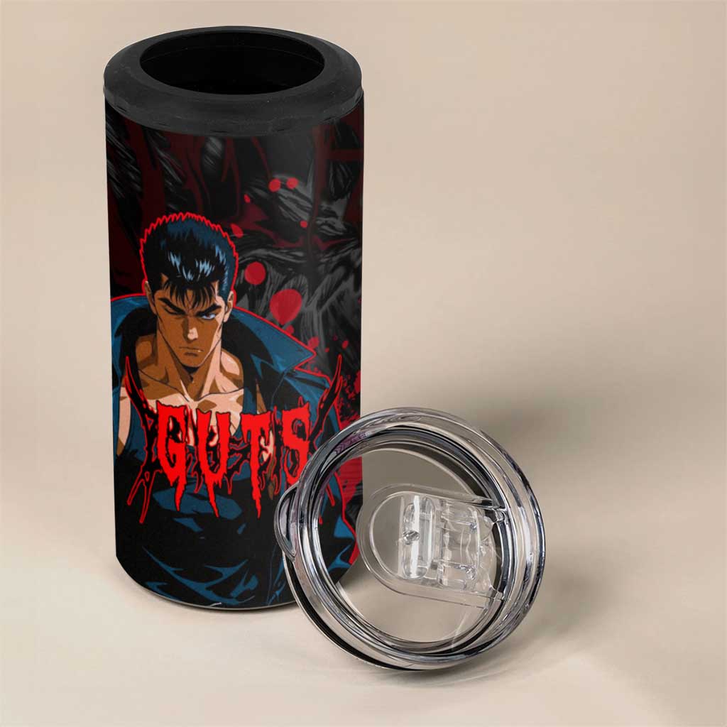Guts Berserk Dark Theme 4 in 1 Can Cooler Tumbler with Blood Splatter and Intense Warrior Expression Design - The Mazicc