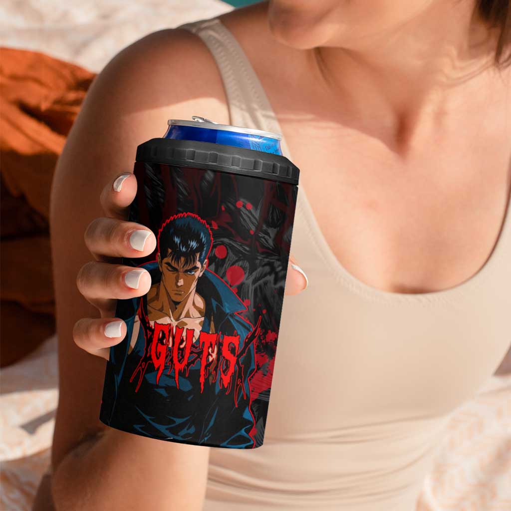 Guts Berserk Dark Theme 4 in 1 Can Cooler Tumbler with Blood Splatter and Intense Warrior Expression Design - The Mazicc