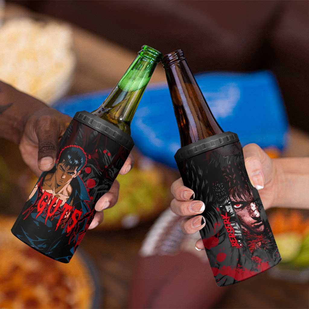 Guts Berserk Dark Theme 4 in 1 Can Cooler Tumbler with Blood Splatter and Intense Warrior Expression Design - The Mazicc