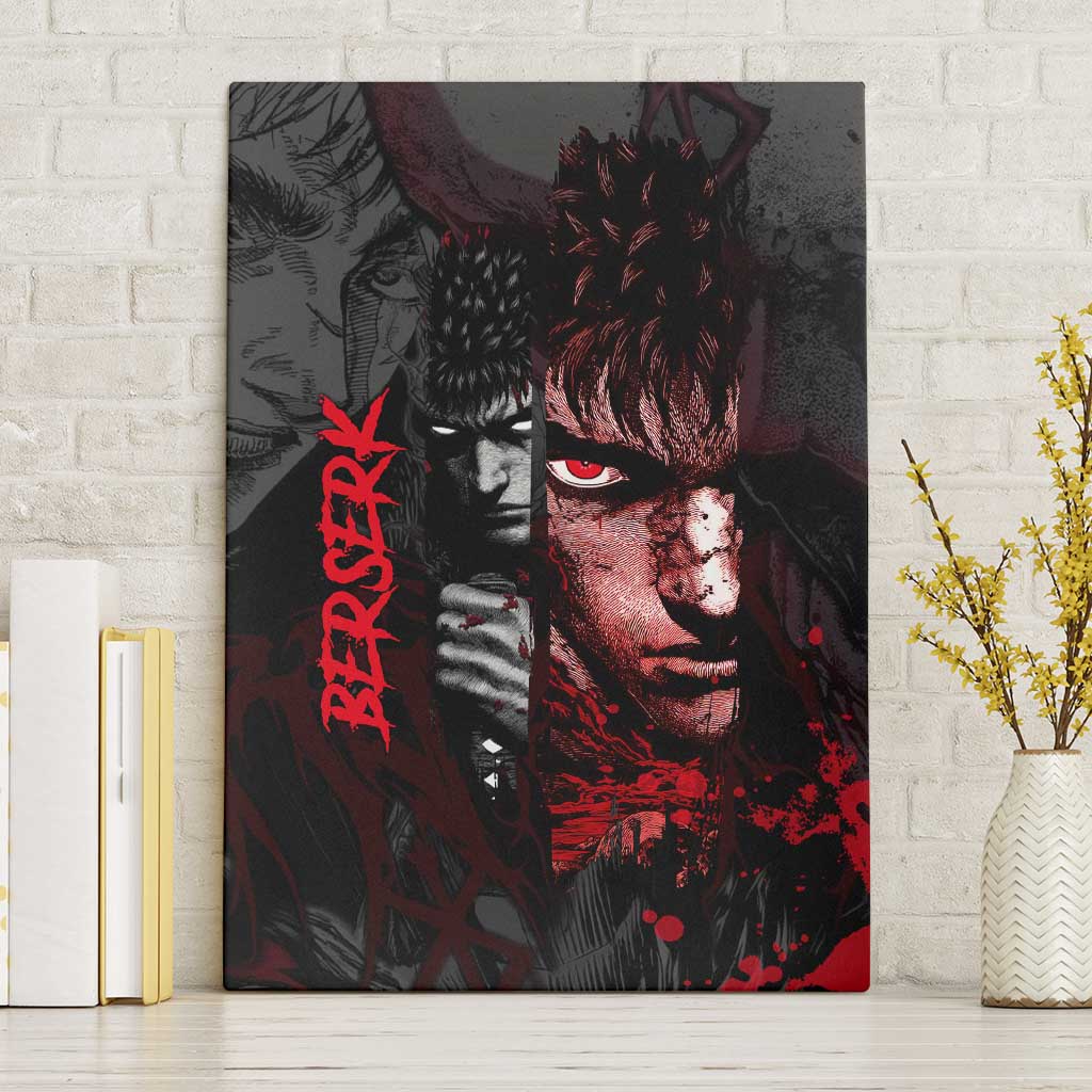 Guts Berserk Dark Theme Canvas Wall Art with Blood Splatter and Intense Warrior Expression Design - The Mazicc
