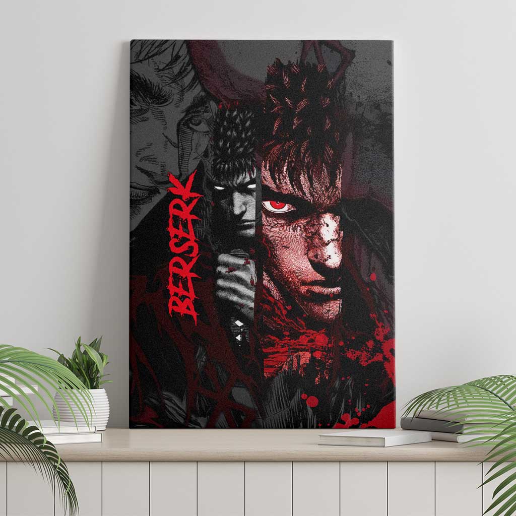 Guts Berserk Dark Theme Canvas Wall Art with Blood Splatter and Intense Warrior Expression Design - The Mazicc