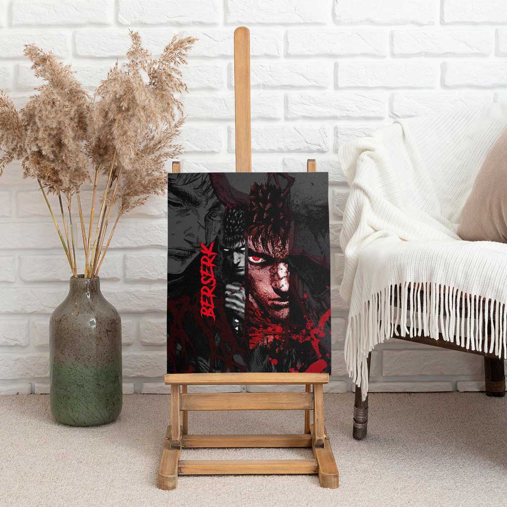 Guts Berserk Dark Theme Canvas Wall Art with Blood Splatter and Intense Warrior Expression Design - The Mazicc