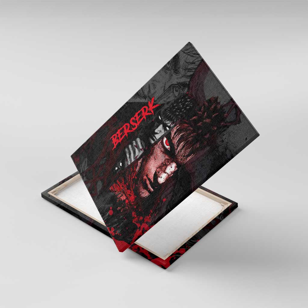 Guts Berserk Dark Theme Canvas Wall Art with Blood Splatter and Intense Warrior Expression Design - The Mazicc