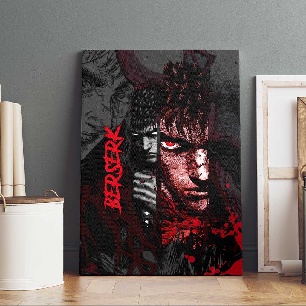 Guts Berserk Dark Theme Canvas Wall Art with Blood Splatter and Intense Warrior Expression Design - The Mazicc