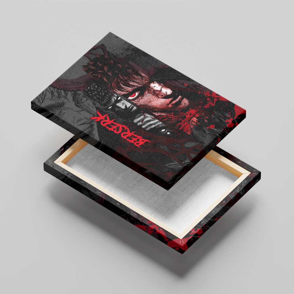 Guts Berserk Dark Theme Canvas Wall Art with Blood Splatter and Intense Warrior Expression Design - The Mazicc
