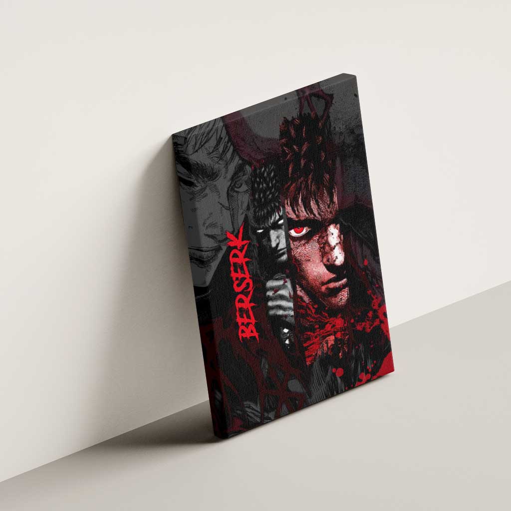 Guts Berserk Dark Theme Canvas Wall Art with Blood Splatter and Intense Warrior Expression Design - The Mazicc