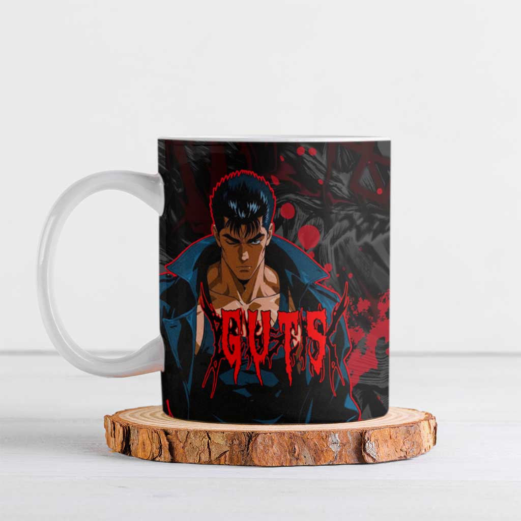 Guts Berserk Dark Theme Ceramic Mug with Blood Splatter and Intense Warrior Expression Design - The Mazicc