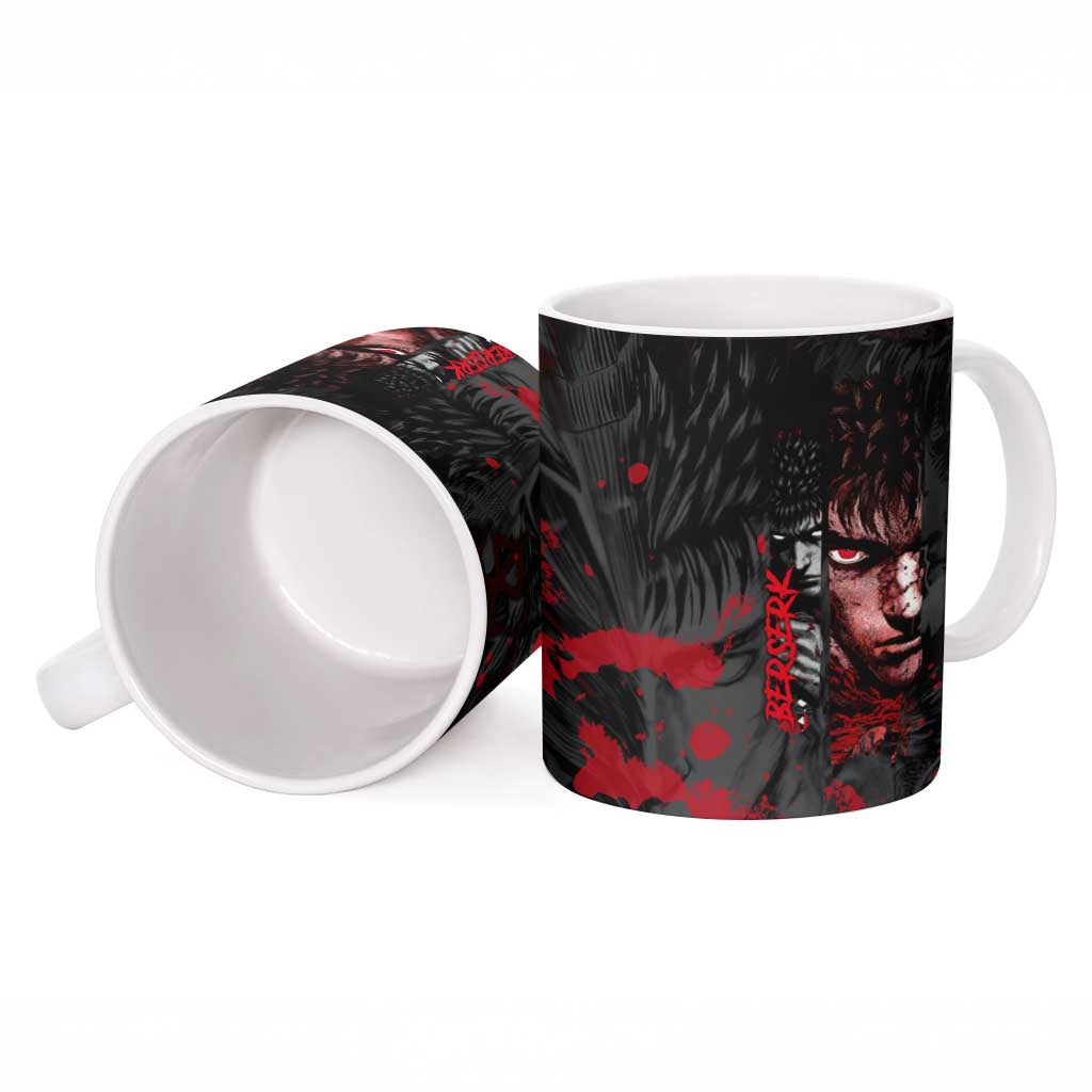 Guts Berserk Dark Theme Ceramic Mug with Blood Splatter and Intense Warrior Expression Design - The Mazicc