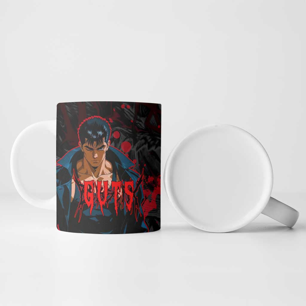 Guts Berserk Dark Theme Ceramic Mug with Blood Splatter and Intense Warrior Expression Design - The Mazicc