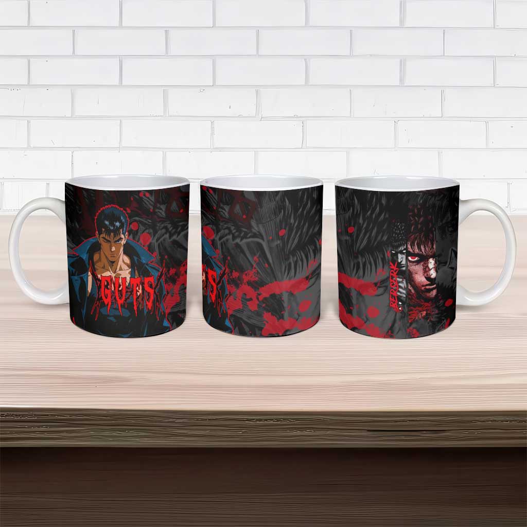 Guts Berserk Dark Theme Ceramic Mug with Blood Splatter and Intense Warrior Expression Design - The Mazicc