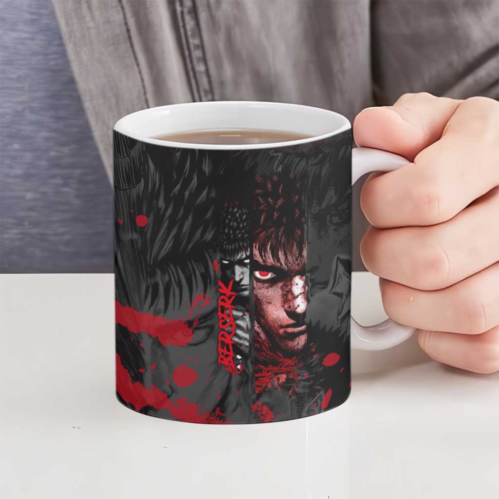 Guts Berserk Dark Theme Ceramic Mug with Blood Splatter and Intense Warrior Expression Design - The Mazicc