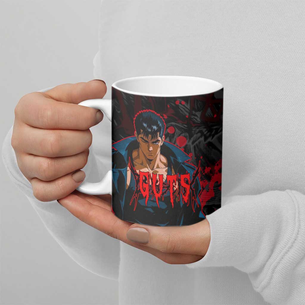 Guts Berserk Dark Theme Ceramic Mug with Blood Splatter and Intense Warrior Expression Design - The Mazicc