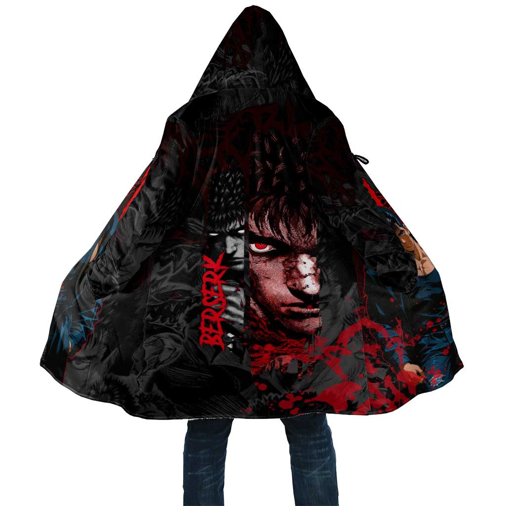 Guts Berserk Dark Theme Cloak with Blood Splatter and Intense Warrior Expression Design - The Mazicc