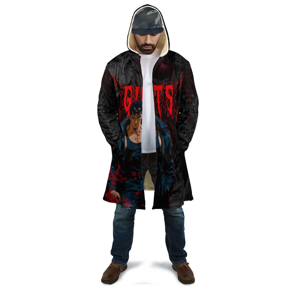 Guts Berserk Dark Theme Cloak with Blood Splatter and Intense Warrior Expression Design - The Mazicc