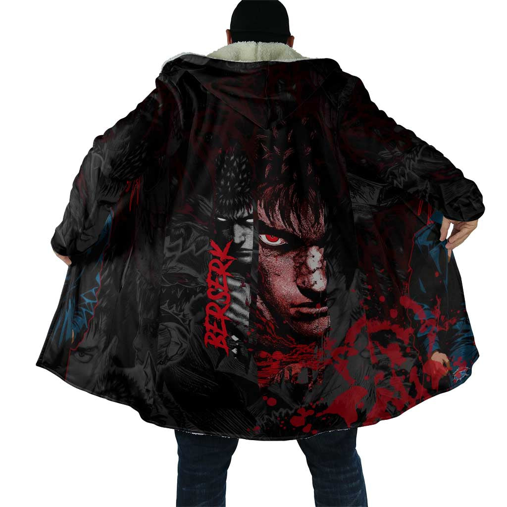 Guts Berserk Dark Theme Cloak with Blood Splatter and Intense Warrior Expression Design - The Mazicc