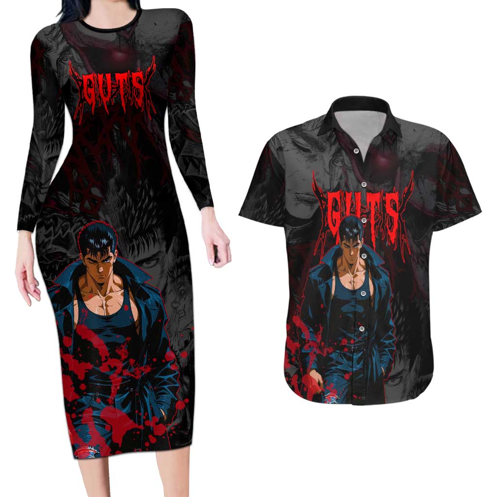 Guts Berserk Dark Theme Couples Matching Long Sleeve Bodycon Dress and Hawaiian Shirt with Blood Splatter and Intense Warrior Expression Design - The Mazicc