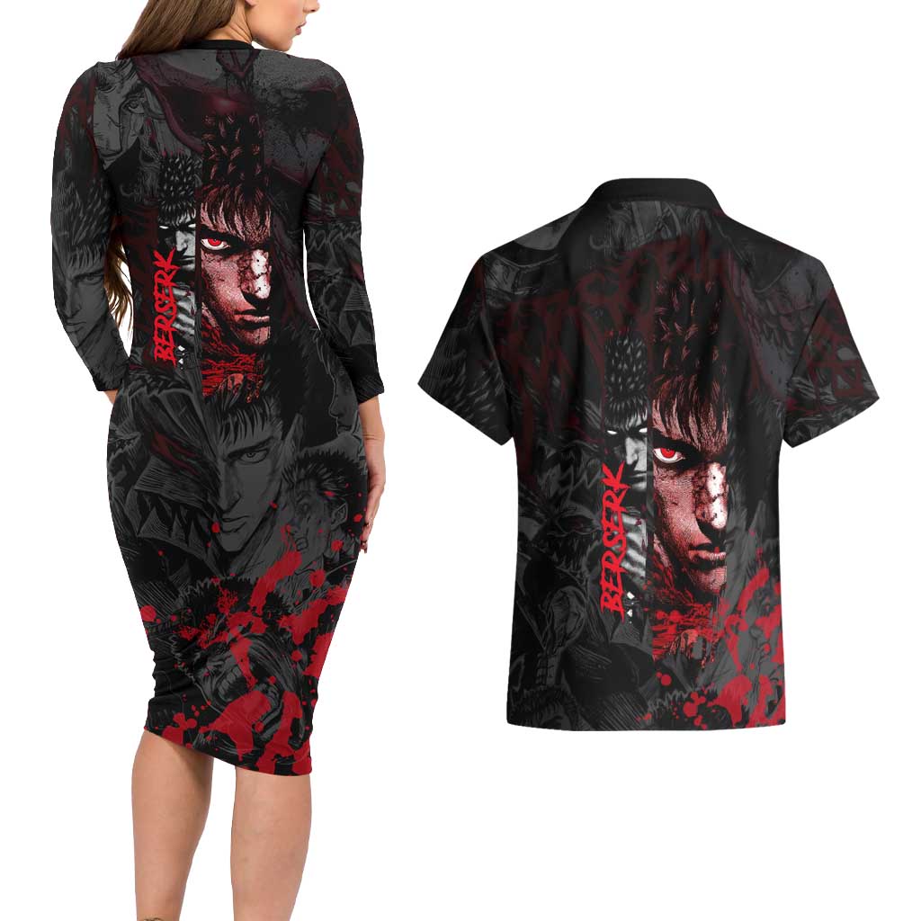 Guts Berserk Dark Theme Couples Matching Long Sleeve Bodycon Dress and Hawaiian Shirt with Blood Splatter and Intense Warrior Expression Design - The Mazicc