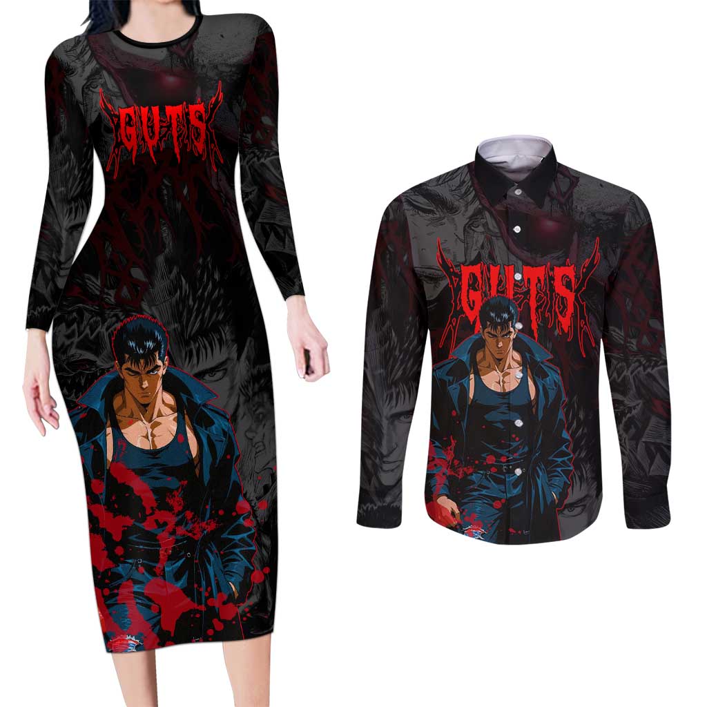 Guts Berserk Dark Theme Couples Matching Long Sleeve Bodycon Dress and Long Sleeve Button Shirt with Blood Splatter and Intense Warrior Expression Design - The Mazicc