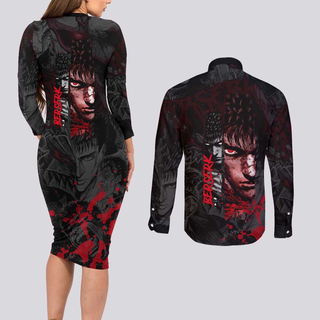 Guts Berserk Dark Theme Couples Matching Long Sleeve Bodycon Dress and Long Sleeve Button Shirt with Blood Splatter and Intense Warrior Expression Design - The Mazicc