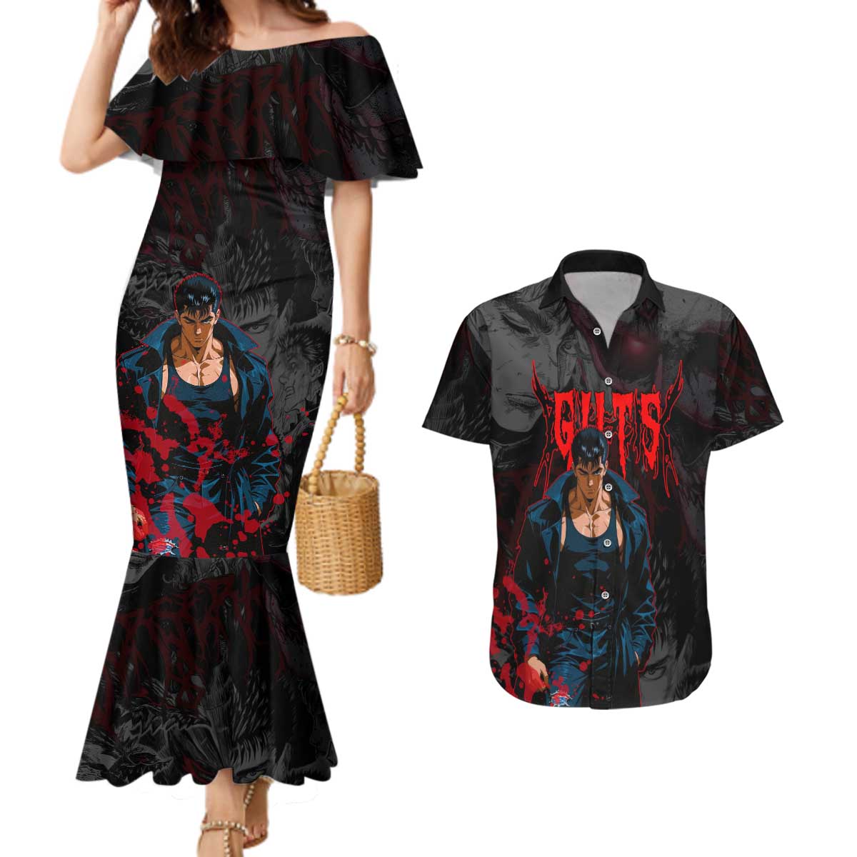 Guts Berserk Dark Theme Couples Matching Mermaid Dress and Hawaiian Shirt with Blood Splatter and Intense Warrior Expression Design - The Mazicc