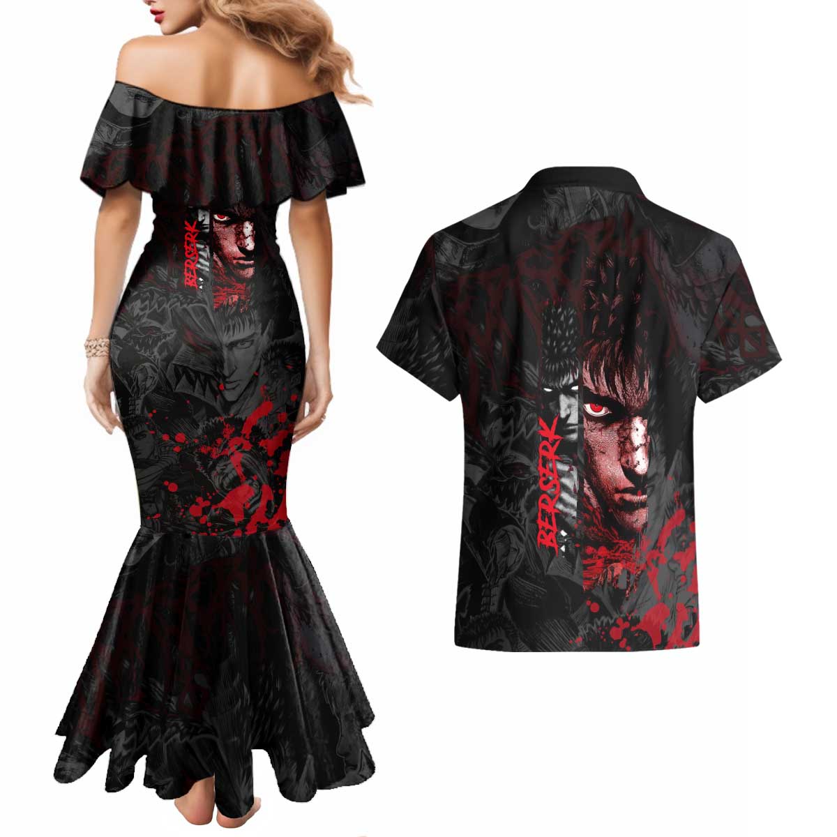 Guts Berserk Dark Theme Couples Matching Mermaid Dress and Hawaiian Shirt with Blood Splatter and Intense Warrior Expression Design - The Mazicc