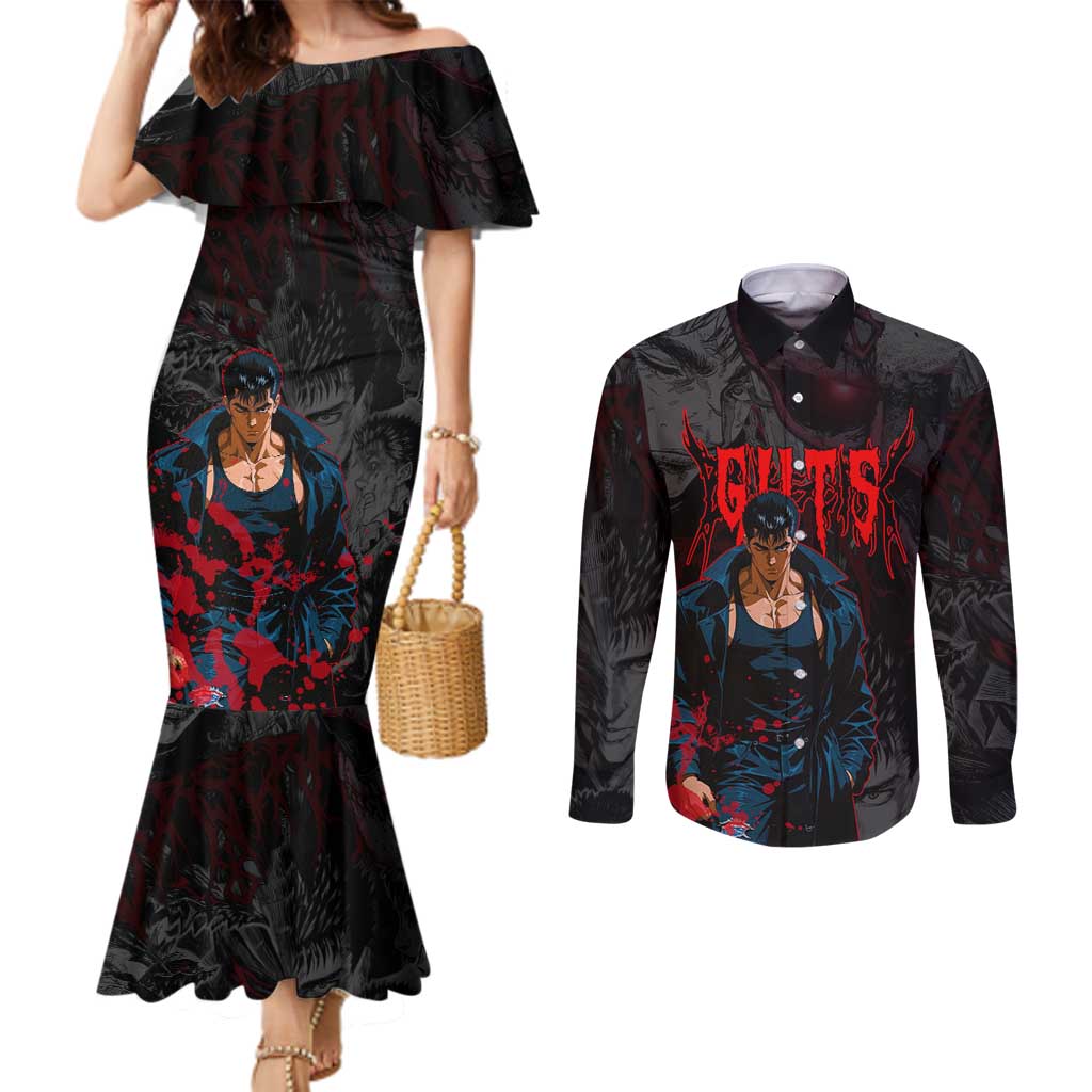 Guts Berserk Dark Theme Couples Matching Mermaid Dress and Long Sleeve Button Shirt with Blood Splatter and Intense Warrior Expression Design - The Mazicc