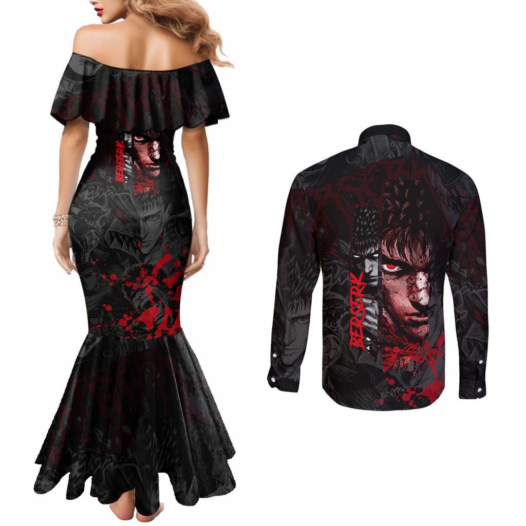 Guts Berserk Dark Theme Couples Matching Mermaid Dress and Long Sleeve Button Shirt with Blood Splatter and Intense Warrior Expression Design - The Mazicc